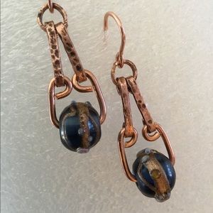 Blue Pressed Glass, Solid Copper Pendant Earrings